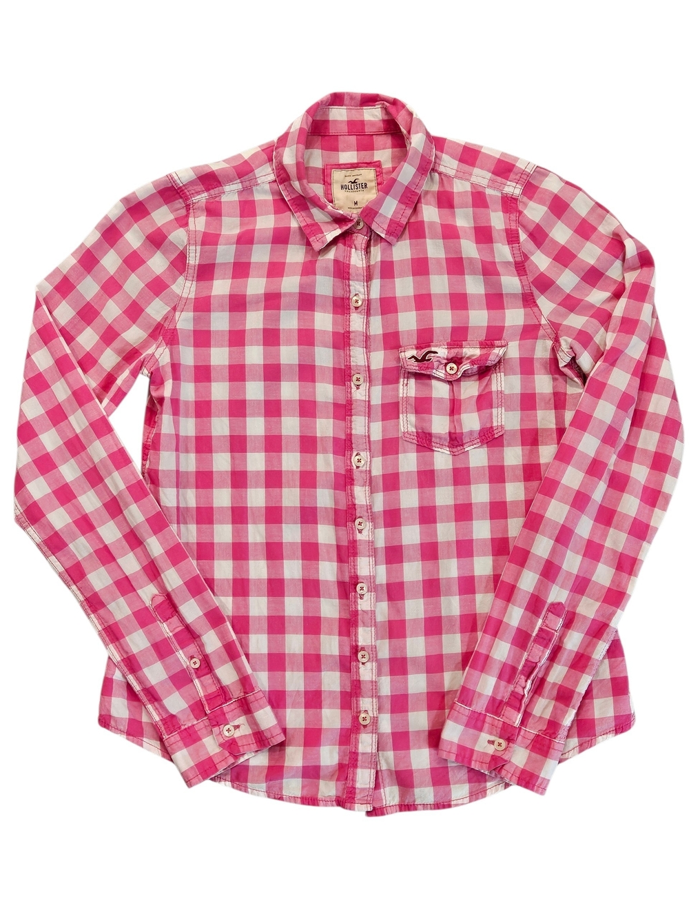 Hollister Pink and White Gingham Button Front Logo Top Shirt Medium